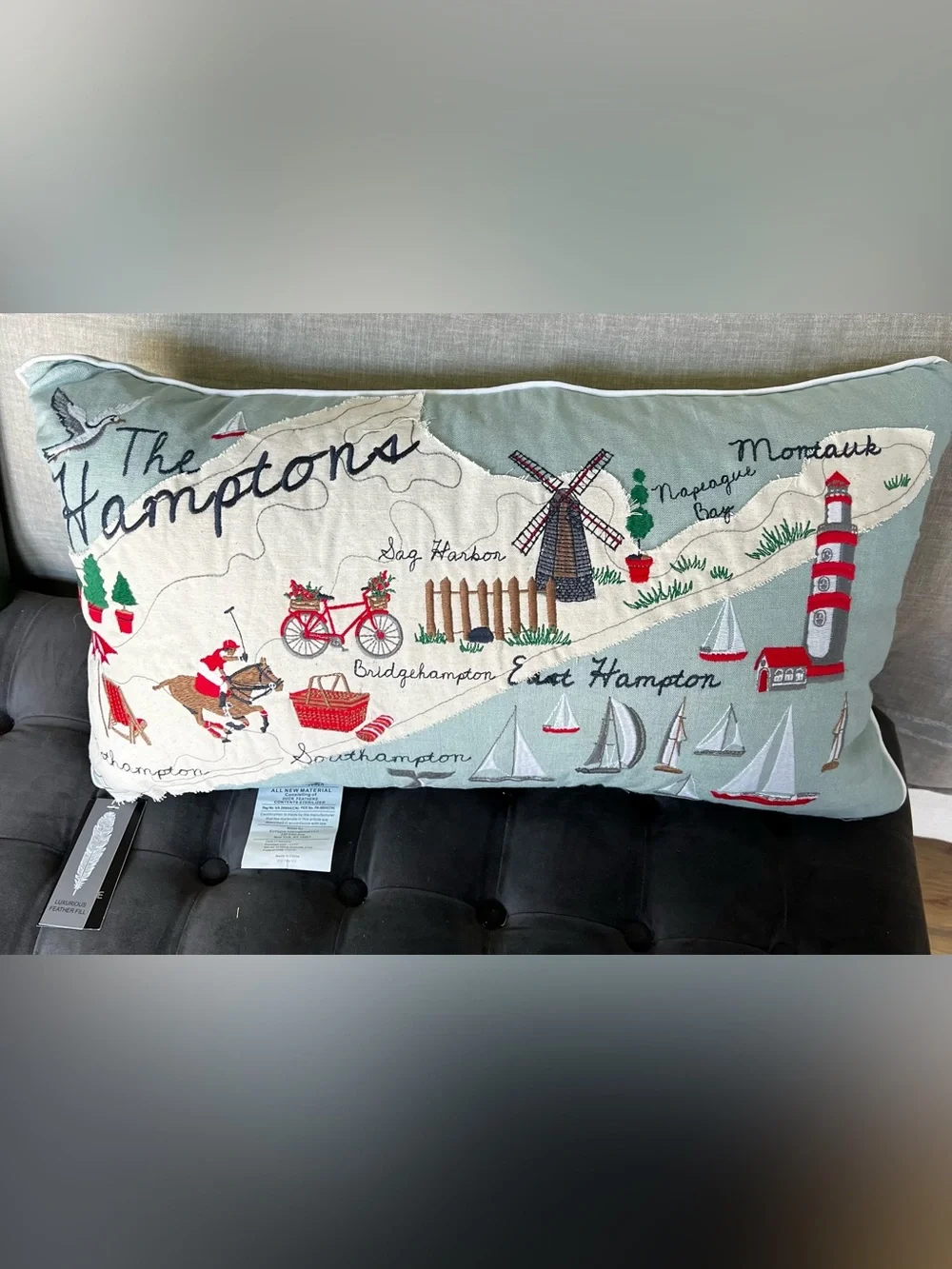 NWT The Hamptons Embroidered Lumbar Map Pillow.